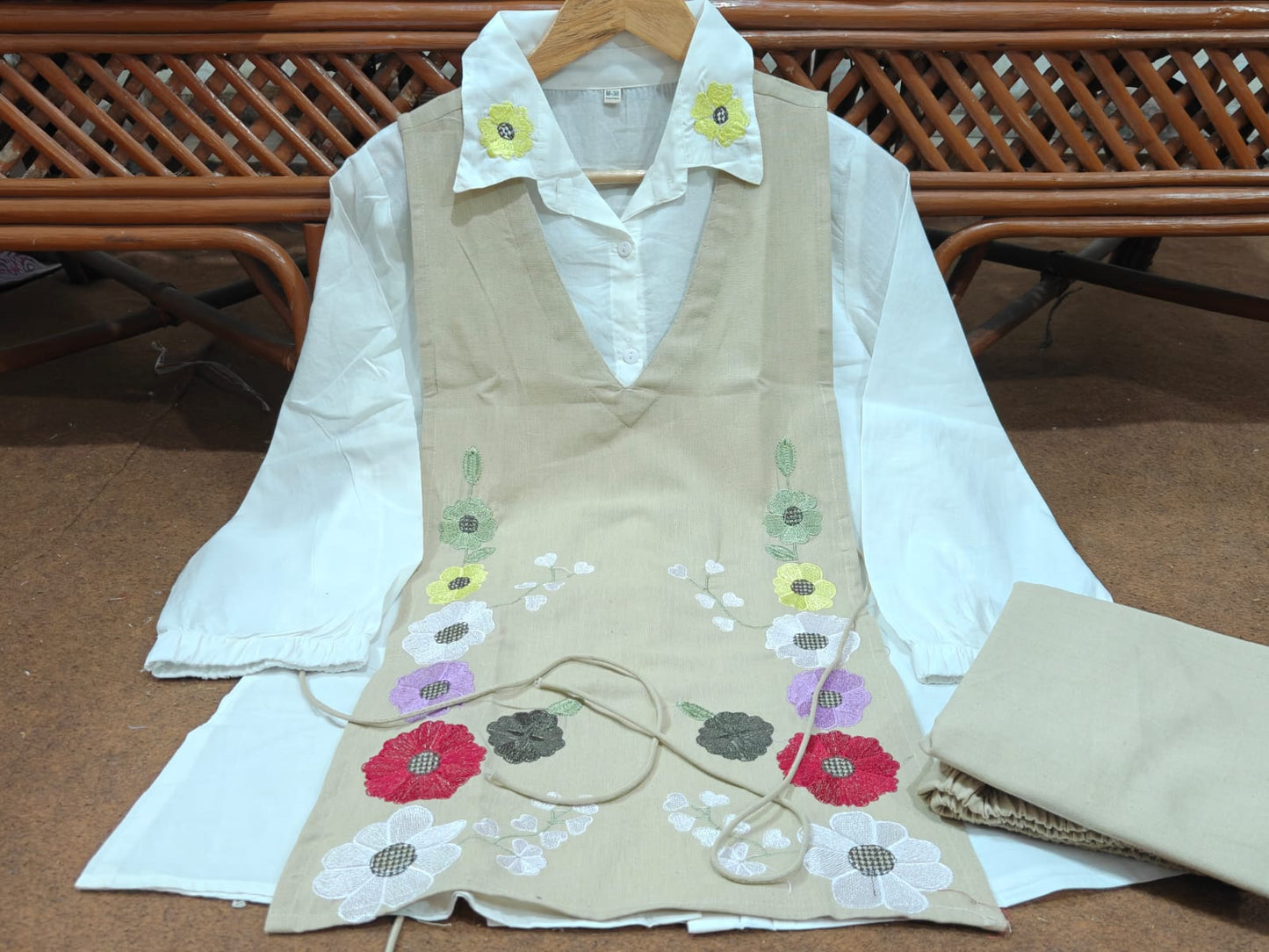 White Cotton Shirt With Beige Jute Linen Jacket Co-ord Set