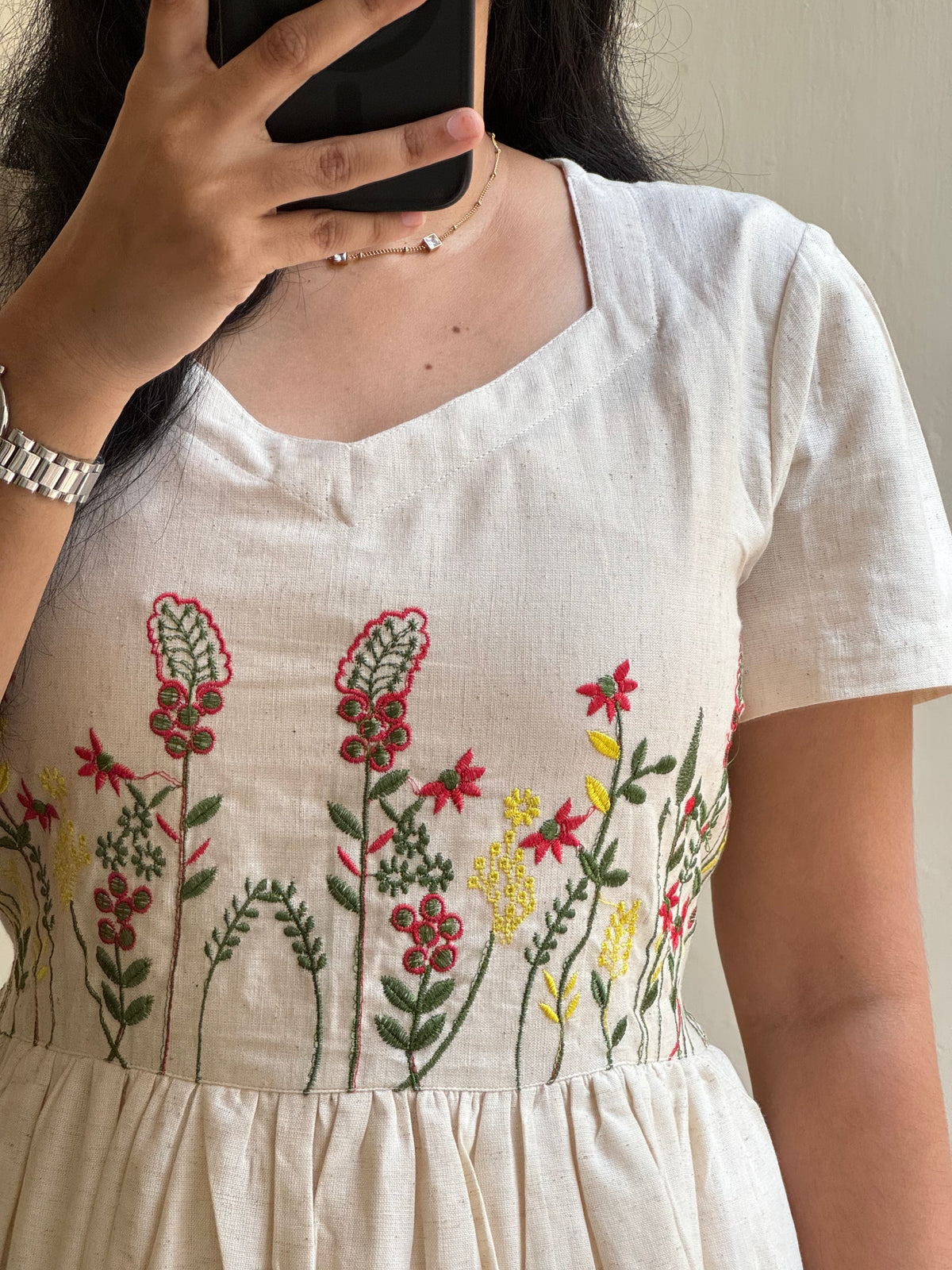 Leche Beautiful khadi dress with small floral embroidery Dress