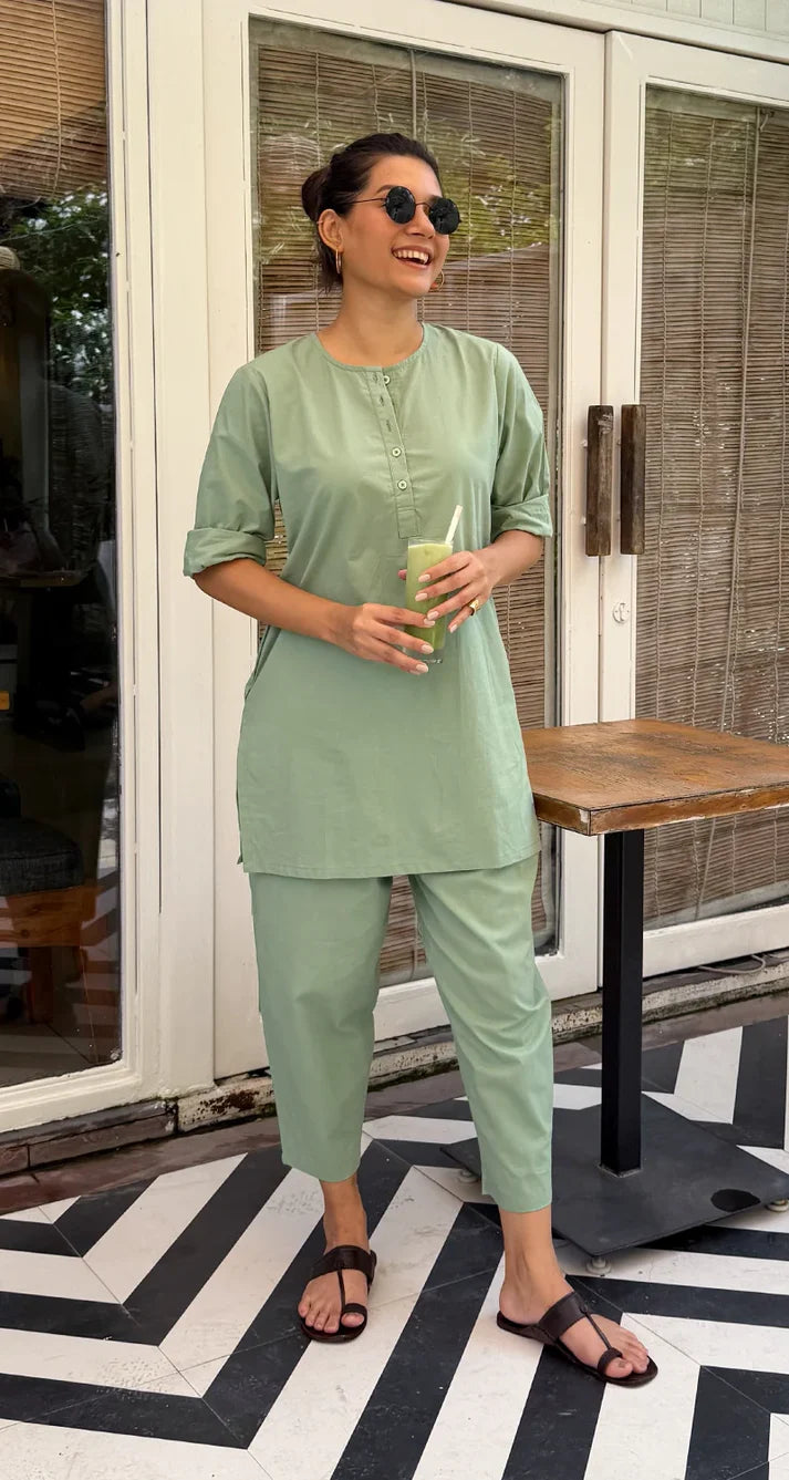Sage Green Pure Cotton Co-Ord Set for Women | Casual & Office Wear