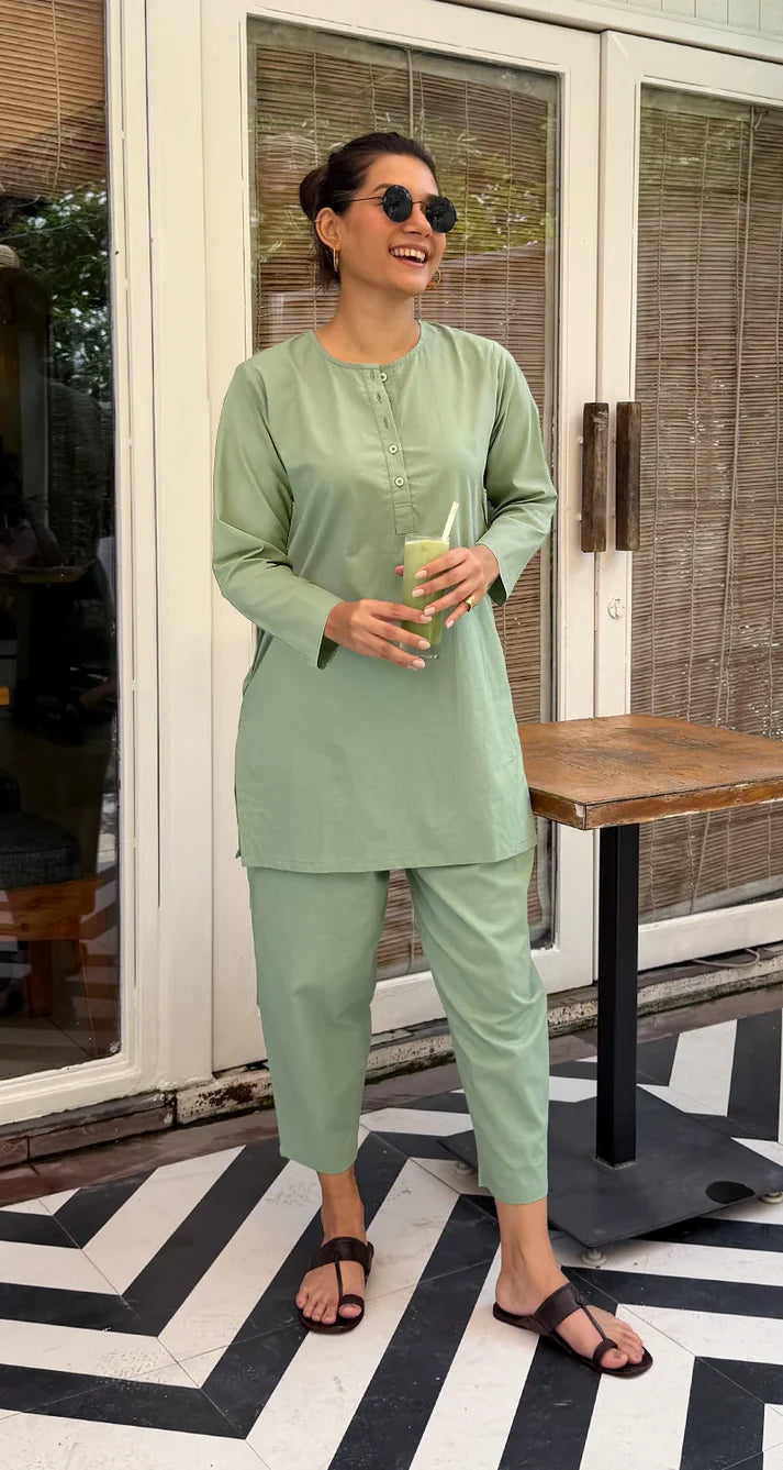 Sage Green Pure Cotton Co-Ord Set for Women | Casual & Office Wear