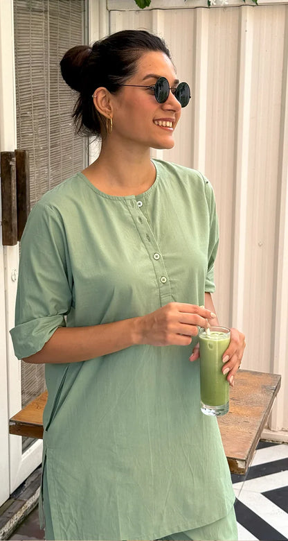 Sage Green Pure Cotton Co-Ord Set for Women | Casual & Office Wear