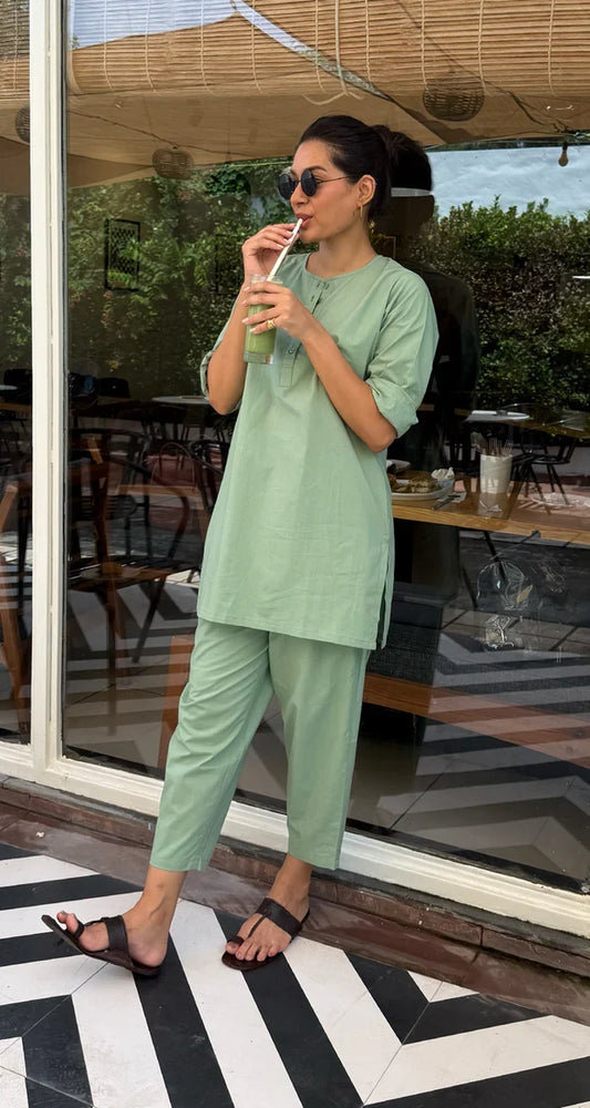 Sage Green Pure Cotton Co-Ord Set for Women | Casual & Office Wear