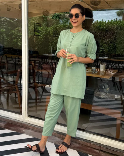 Sage Green Pure Cotton Co-Ord Set for Women | Casual & Office Wear