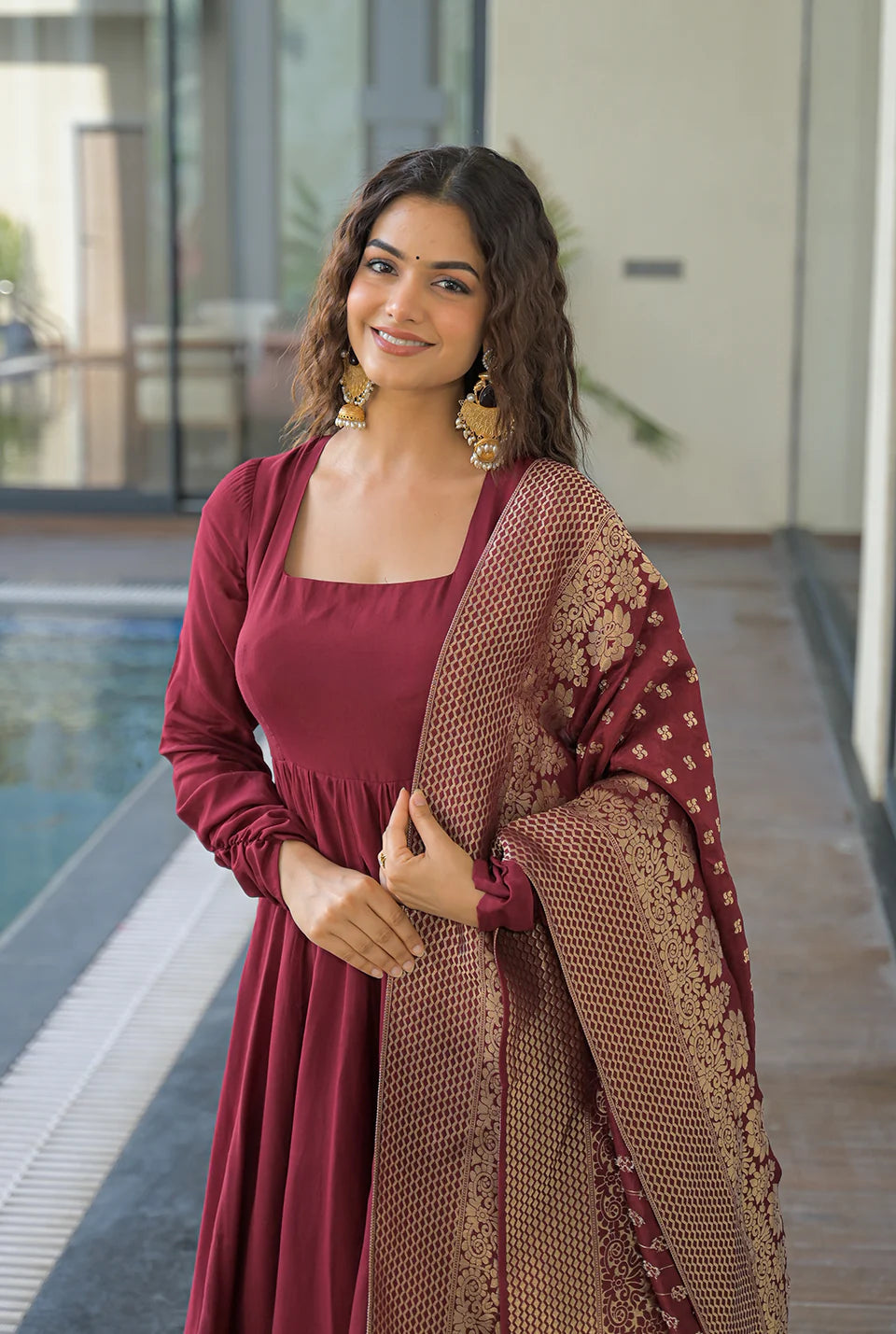 Maroon Cotton Anarkali Kurti with Dupatta – Festive & Wedding Wear