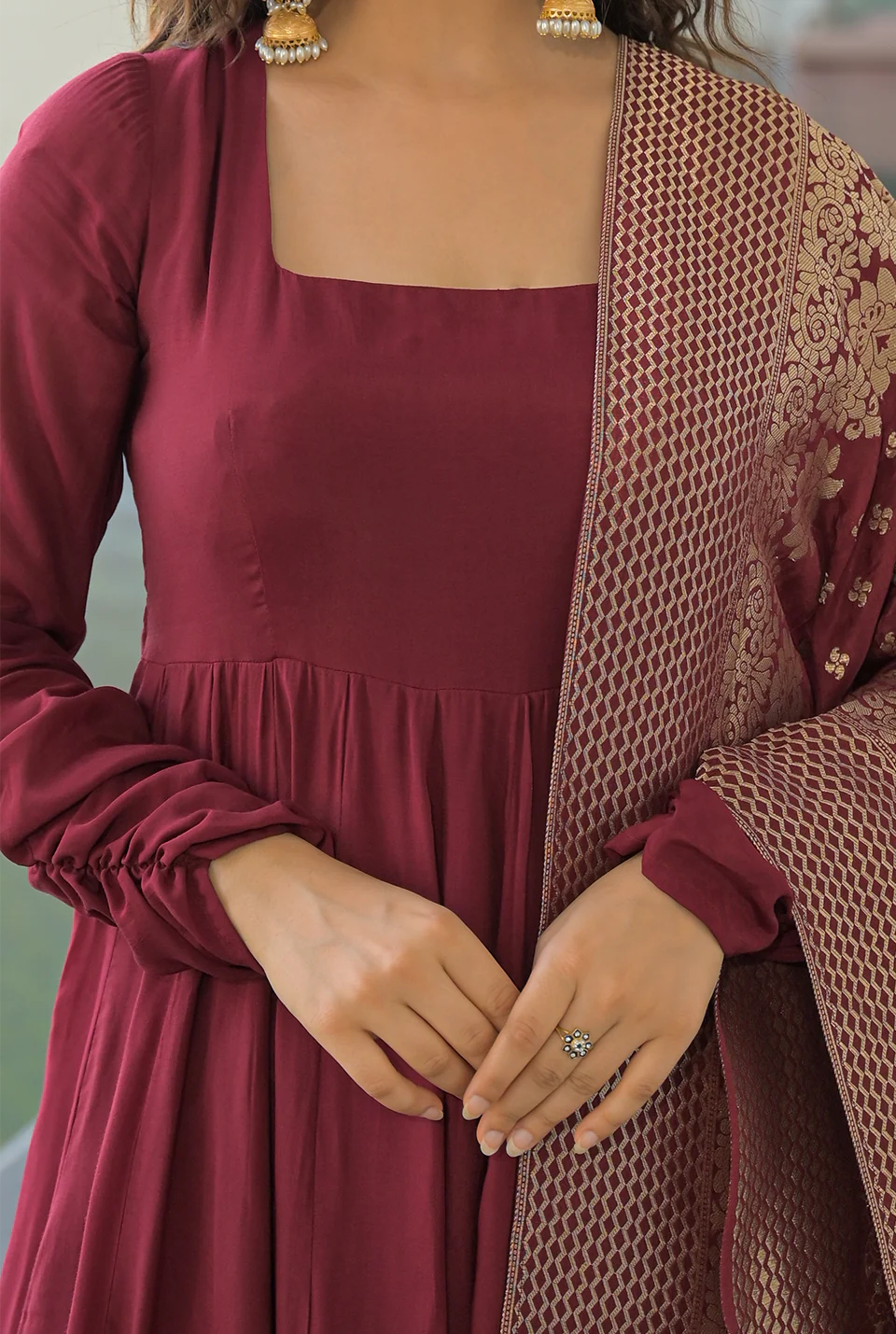 Maroon Cotton Anarkali Kurti with Dupatta – Festive & Wedding Wear