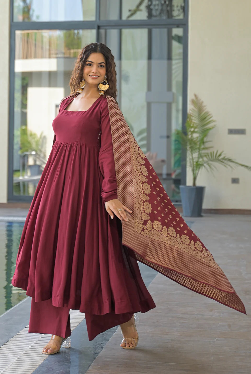 Maroon Cotton Anarkali Kurti with Dupatta – Festive & Wedding Wear