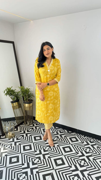 Soft Office Yellow and dark pink Cotton Kurta Pant Set