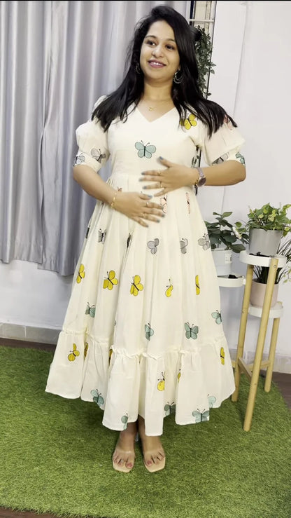 Women White Cotton Butterfly Embroidery Middi Gown