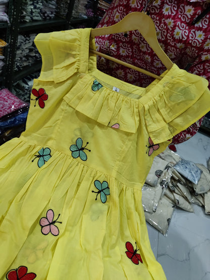 Women Yellow Cotton Embroidery Middi Gown