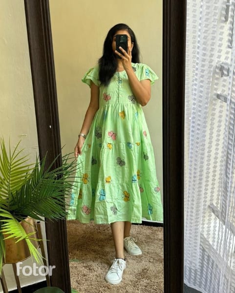 Women Cotton Butterfly Embroidery Middy Gown