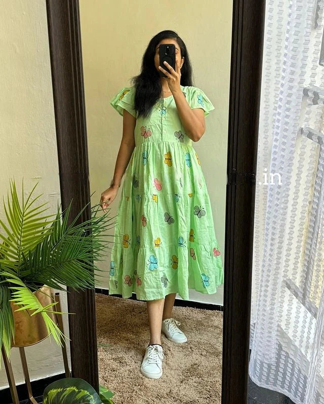 Women Cotton Butterfly Embroidery Middy Gown