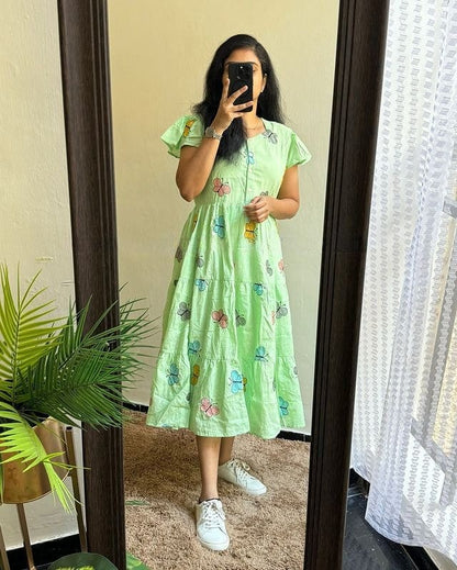 Women Cotton Butterfly Embroidery Middy Gown