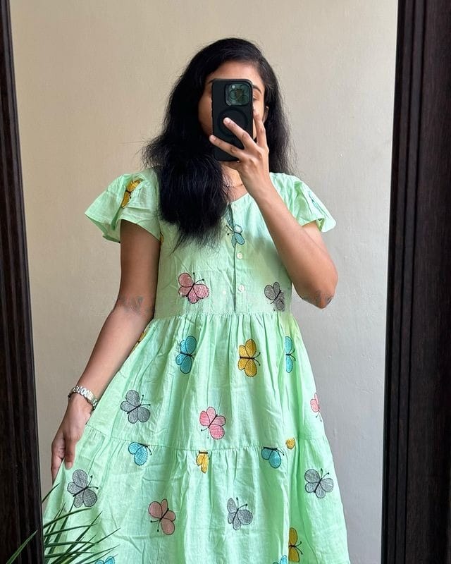 Women Cotton Butterfly Embroidery Middy Gown
