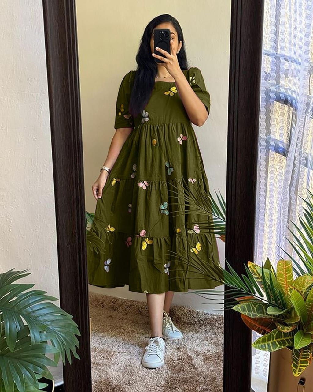 Women Cotton Butterfly Embroidery Middy Gown
