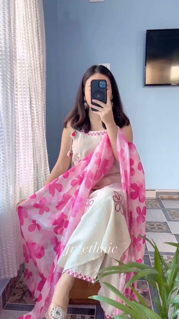 Hand Work Soft Cotton Kurta Pant Dupatta Set