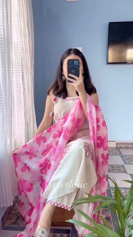 Hand Work Soft Cotton Kurta Pant Dupatta Set