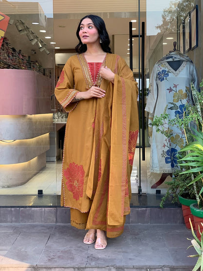 Moksha Embroidered Cotton A-line Plazo & Duppata Set