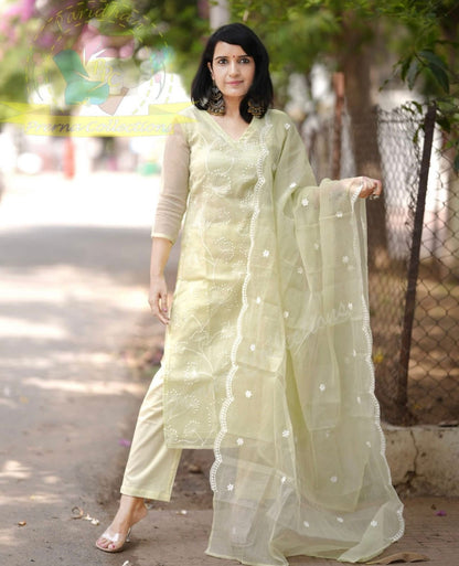 Light Lemon Green Embroidered Kota Doriya Kurta With Cotton Pant & Kota Doriya Dupatta Set