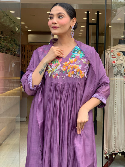 Women Purple Cotton Embroidery Kurta Pant and Dupatta set