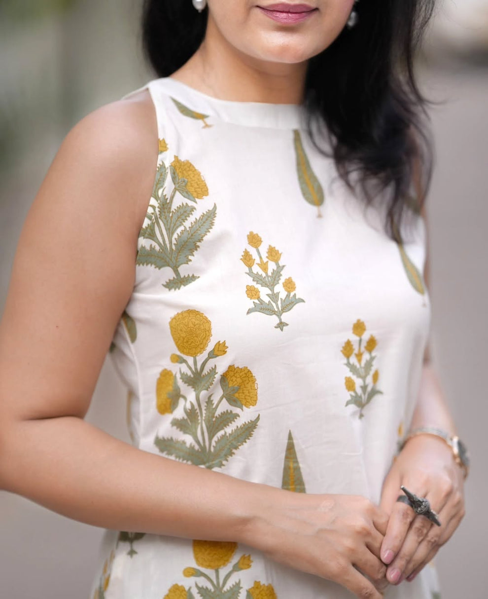 Yellow Kalamkari printed Cut Sleeves kurta pant set