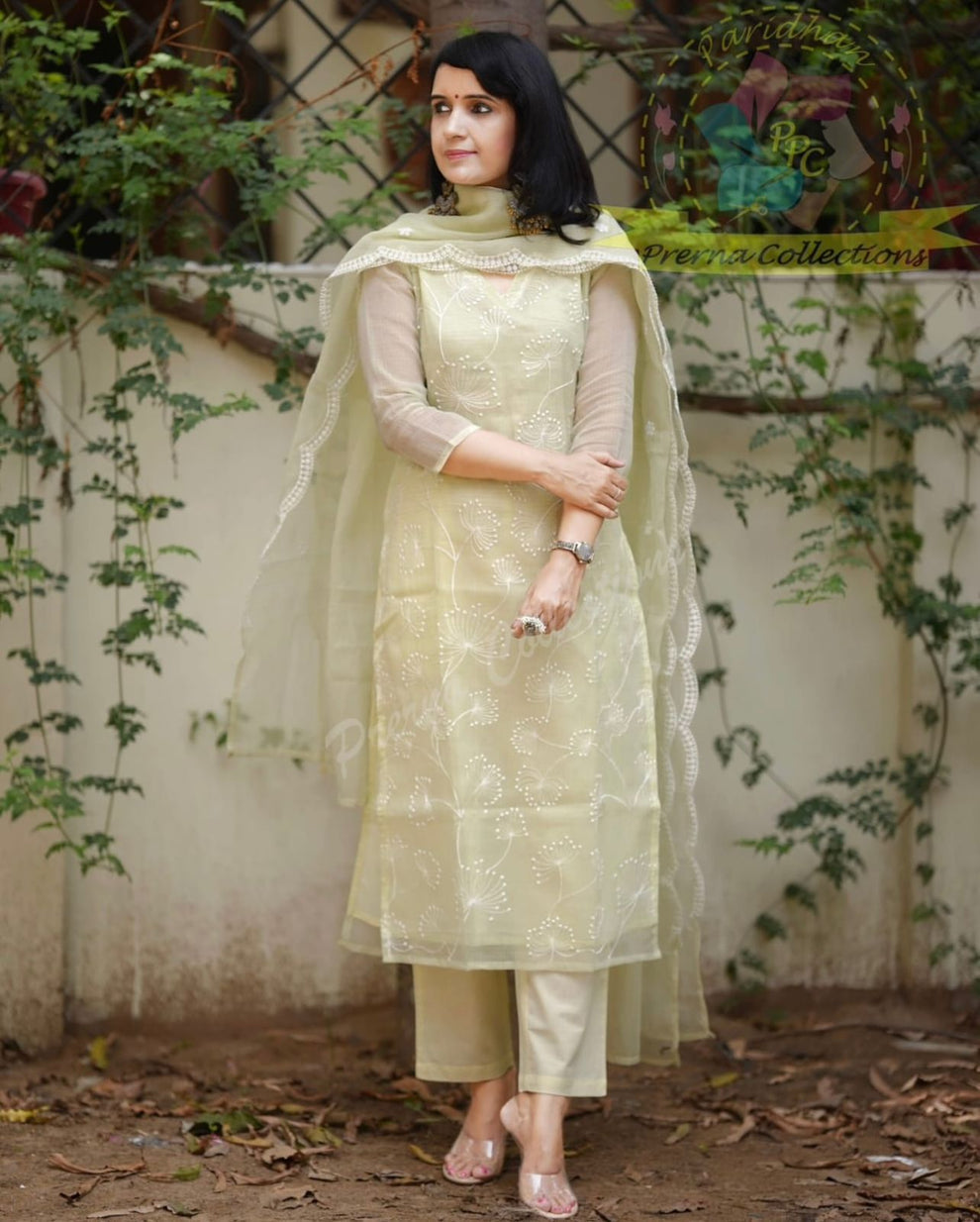 Light Lemon Green Embroidered Kota Doriya Kurta With Cotton Pant & Kota Doriya Dupatta Set