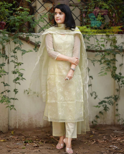 Light Lemon Green Embroidered Kota Doriya Kurta With Cotton Pant & Kota Doriya Dupatta Set