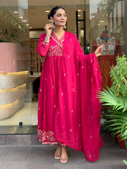 Women Pink Cotton Angrakha Kurta Pant and Dupatta set