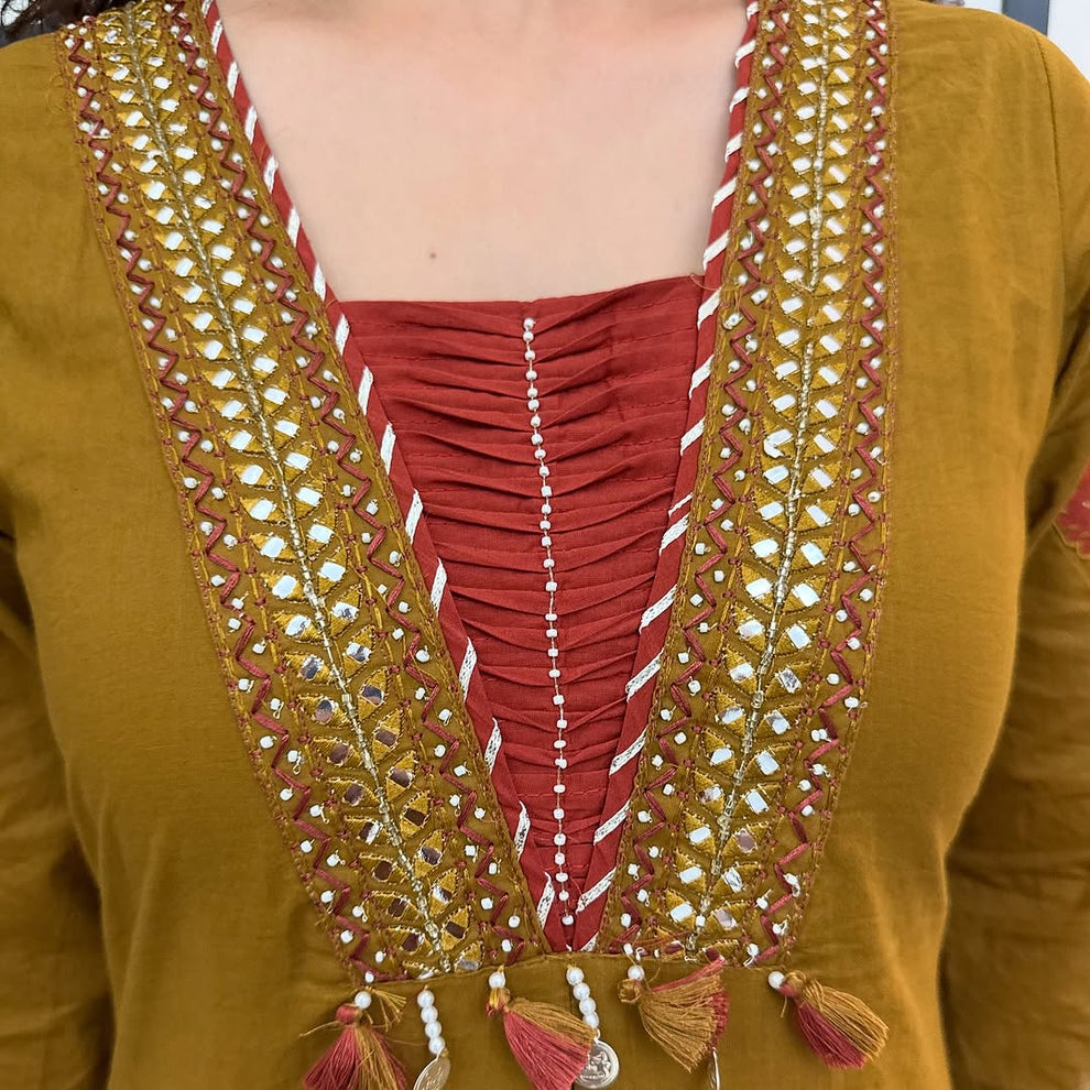 Festive Gulhad Wear Machine sequin embroidered A line kurta with embroidered lace with lace detailed palazzo printed cotton dupatta