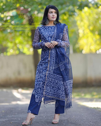 Ranjani Bagru Hand Block Kota Doria Golden Zari Border Suit Sets