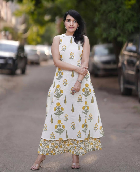 Yellow Kalamkari printed Cut Sleeves kurta pant set