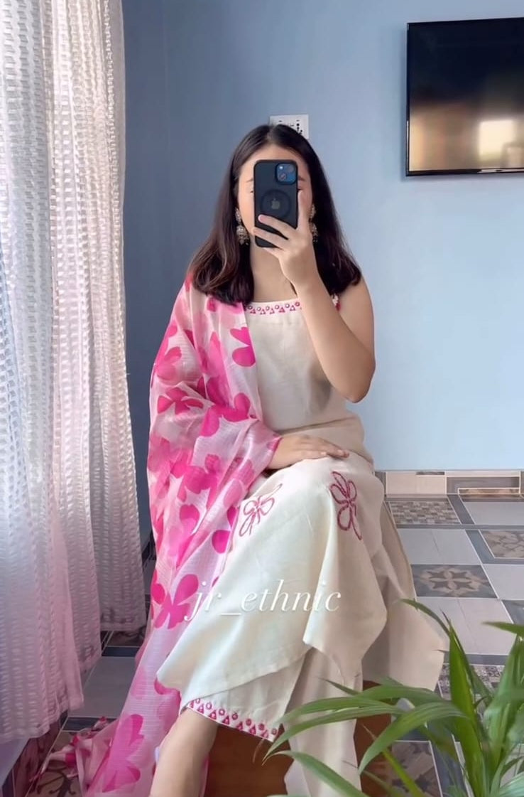 Hand Work Soft Cotton Kurta Pant Dupatta Set