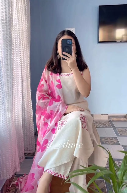 Hand Work Soft Cotton Kurta Pant Dupatta Set