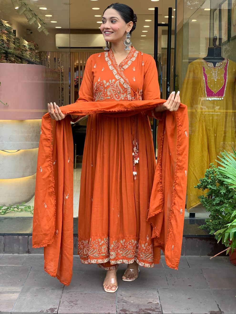 Women Orange Cotton Angrakha Kurta Pant and Dupatta set