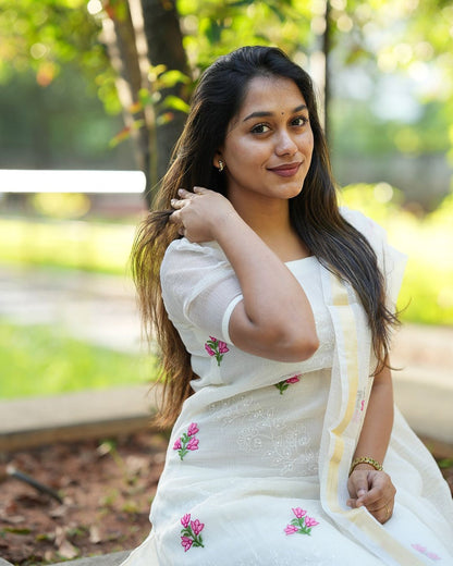 Ruby White Embroidered Kota Doriya Straight Traditional Salwar Kameez Kurti Pant Set for Women