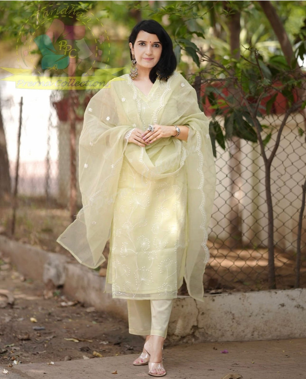 Light Lemon Green Embroidered Kota Doriya Kurta With Cotton Pant & Kota Doriya Dupatta Set