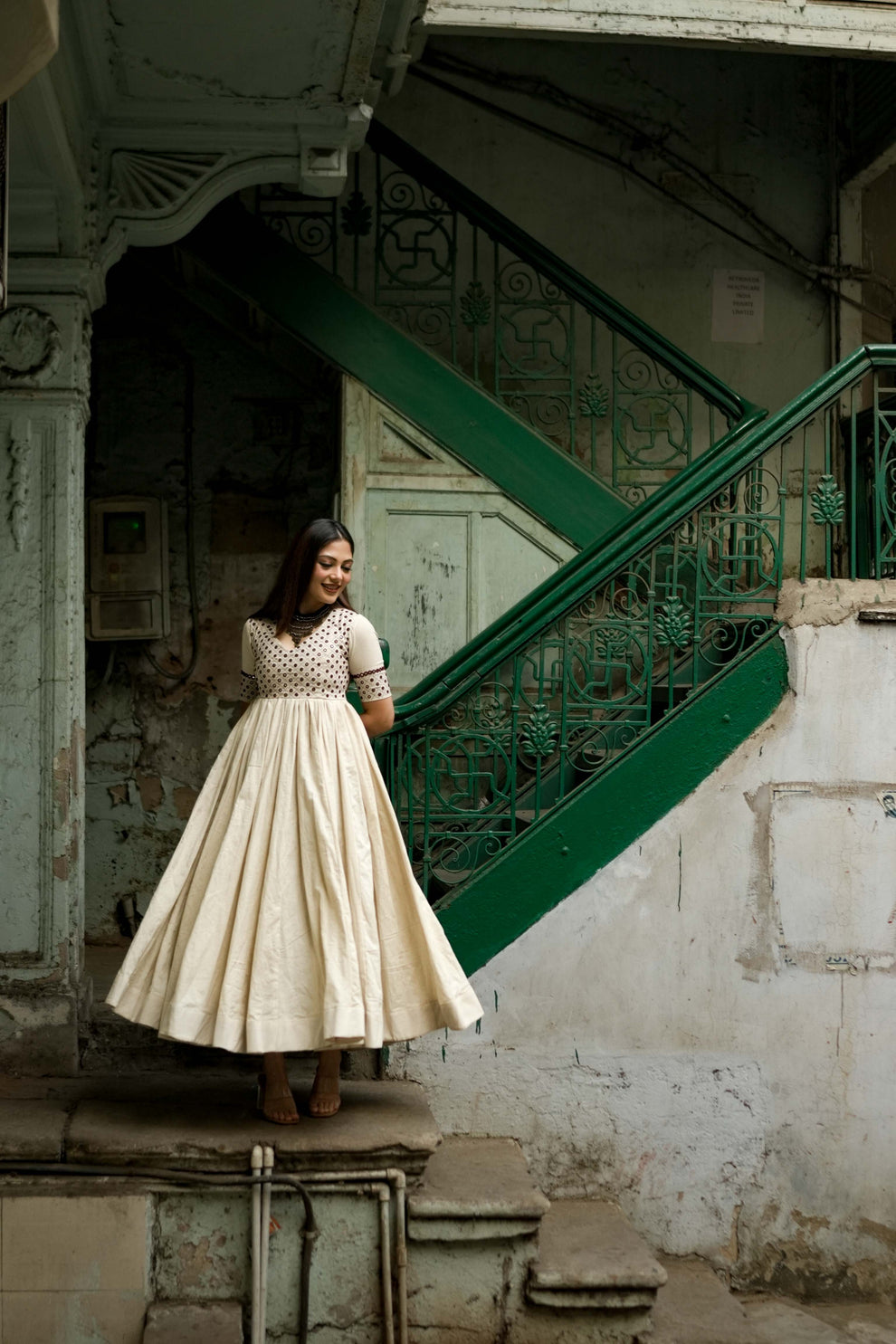 Mohini Cream Embroidered Anarkali Dress – Backless Festive & Wedding Wear for Women