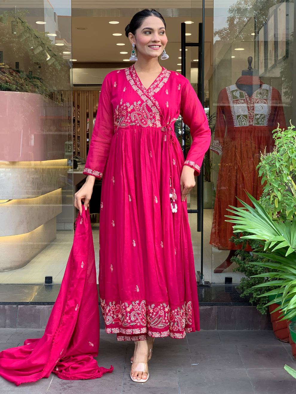 Women Pink Cotton Angrakha Kurta Pant and Dupatta set