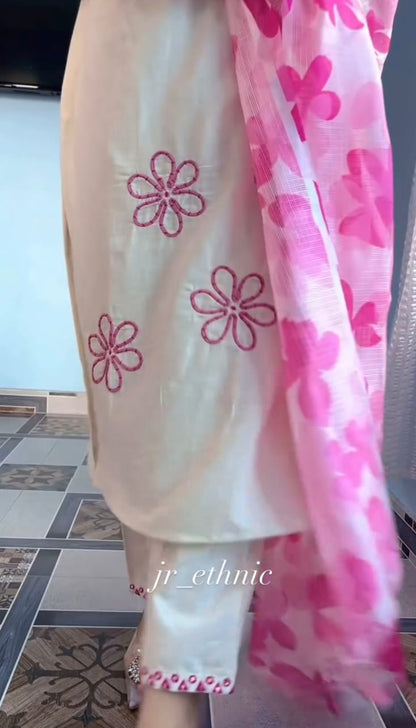 Hand Work Soft Cotton Kurta Pant Dupatta Set