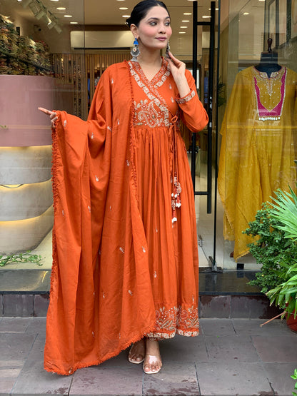 Women Orange Cotton Angrakha Kurta Pant and Dupatta set