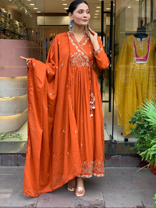 Women Orange Cotton Angrakha Kurta Pant and Dupatta set