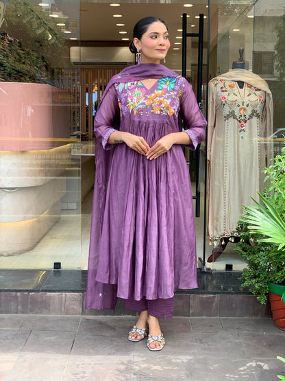 Women Purple Cotton Embroidery Kurta Pant and Dupatta set