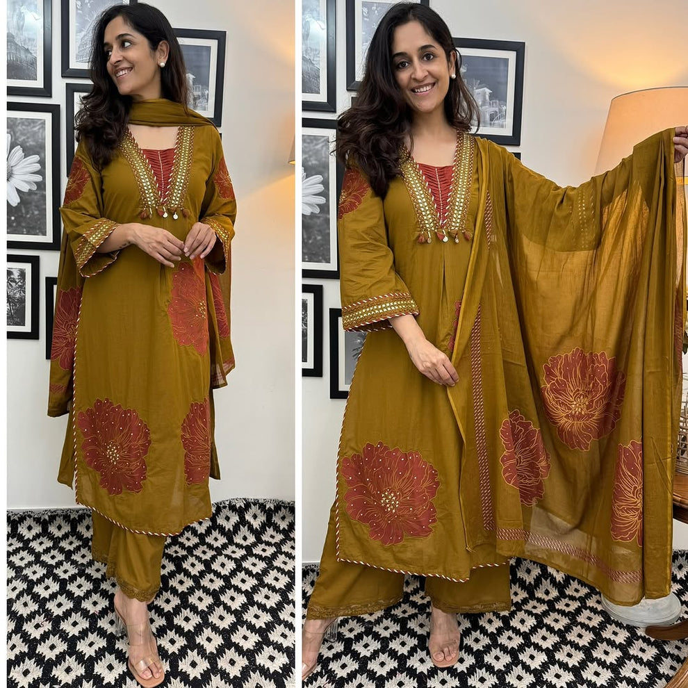 Festive Gulhad Wear Machine sequin embroidered A line kurta with embroidered lace with lace detailed palazzo printed cotton dupatta