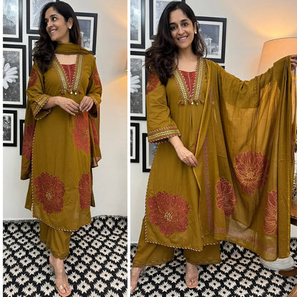 Festive Gulhad Wear Machine sequin embroidered A line kurta with embroidered lace with lace detailed palazzo printed cotton dupatta