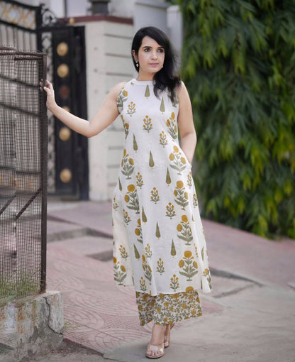 Yellow Kalamkari printed Cut Sleeves kurta pant set