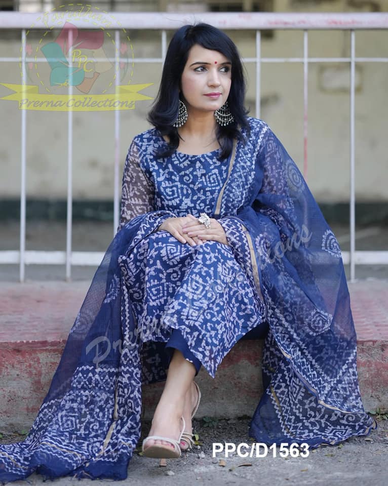 Ranjani Bagru Hand Block Kota Doria Golden Zari Border Suit Sets