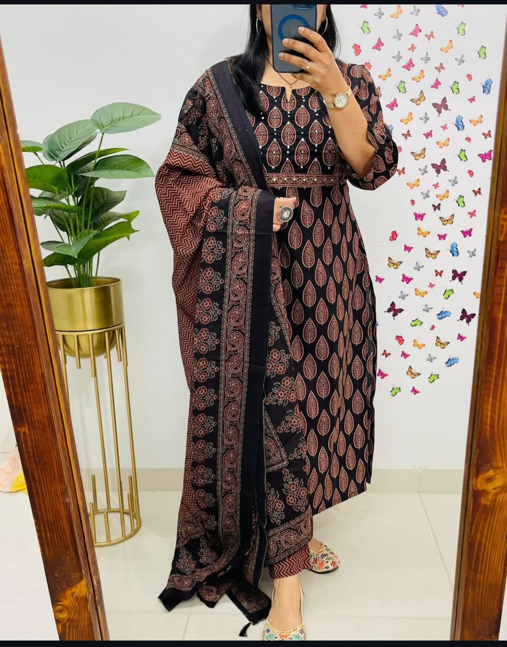 Designer Suit in Mughal/Kalamkari Fusion Azrak bagru print kurti pant dupatta set